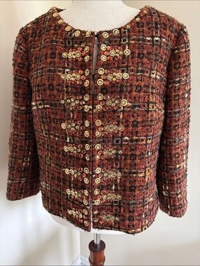 Boden Limited Edition Orange Plaid Tweed Jacket with Gold Trim